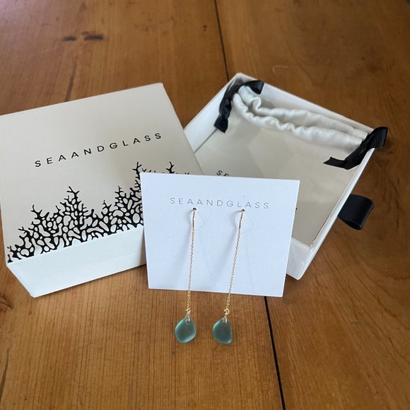 Sea And Glass - Sea Glass Threader Earrings - 14K Gold Fill - Ocean Blues - Picture 4 of 8